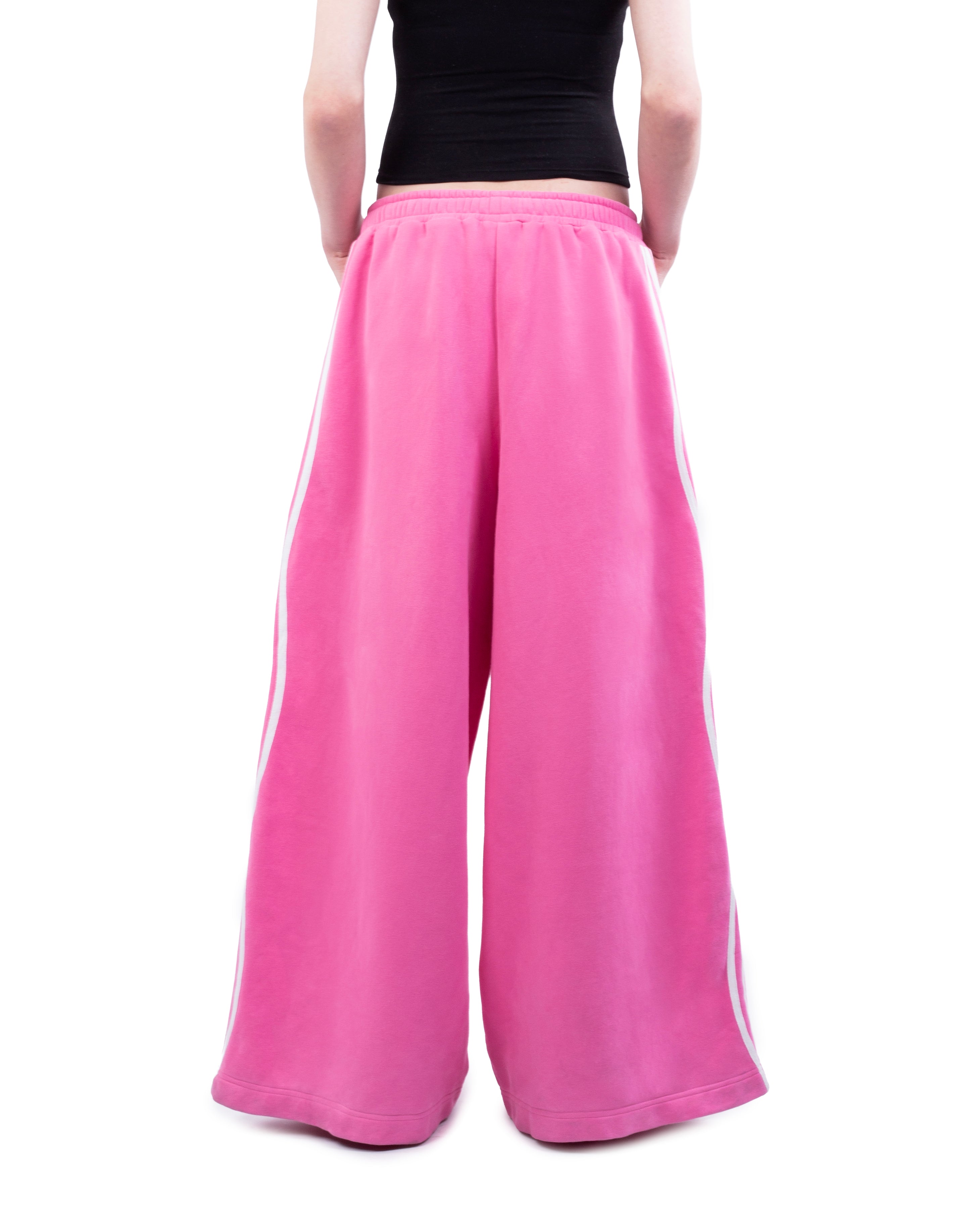 Pink wide-leg pants with white stripes on a white background