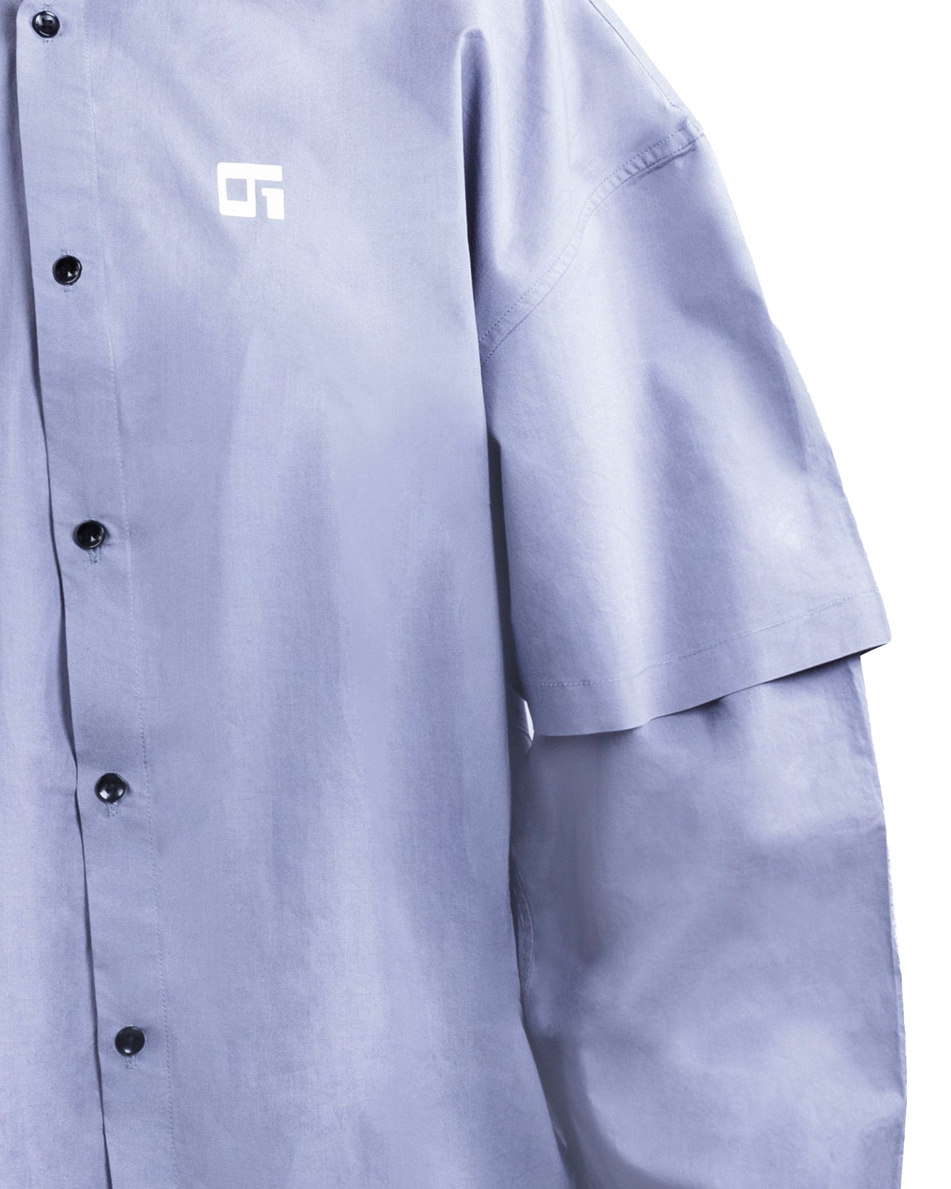 Person wearing a light blue outfit with a logo on a white background