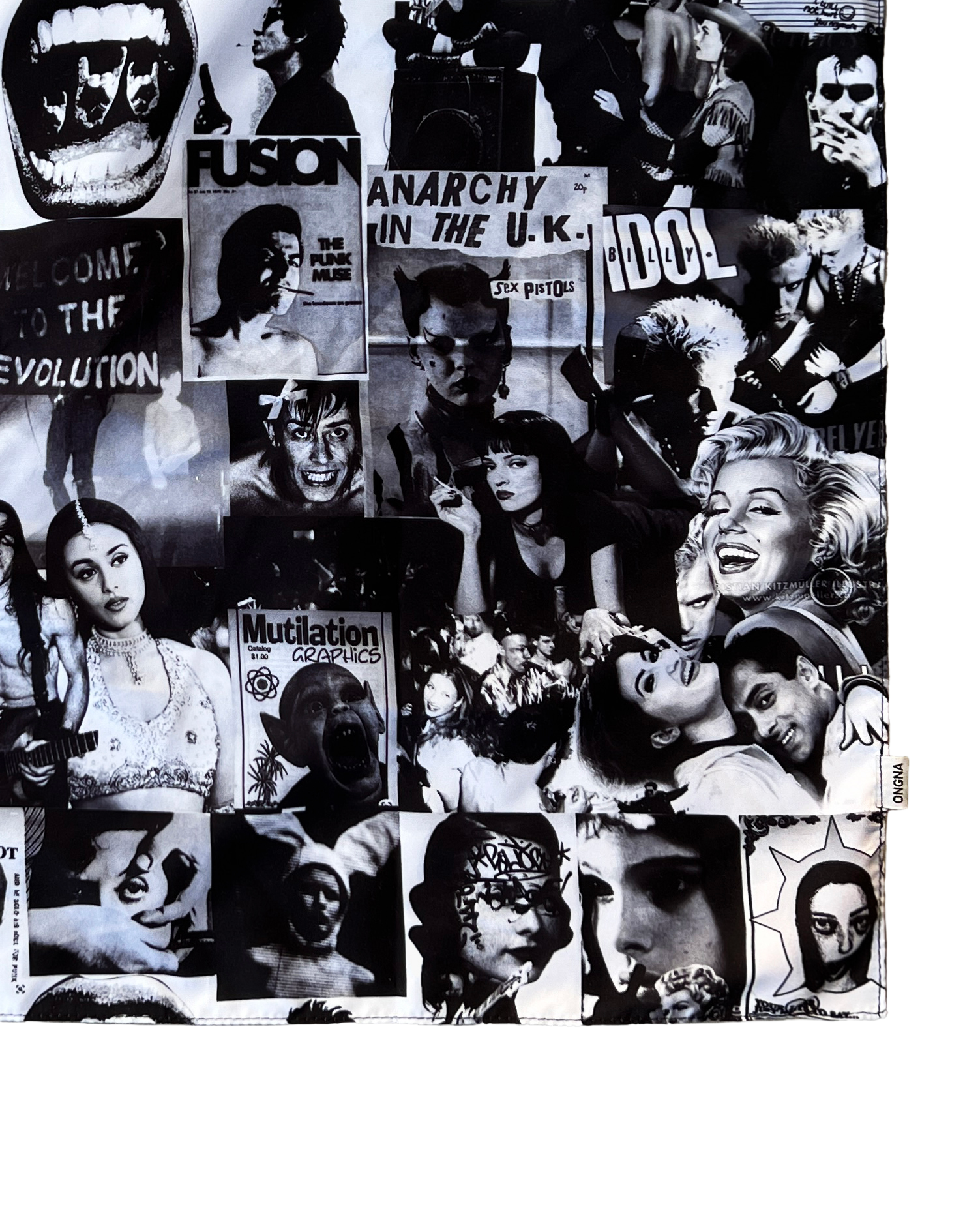 Collage of black and white images and text on a white background