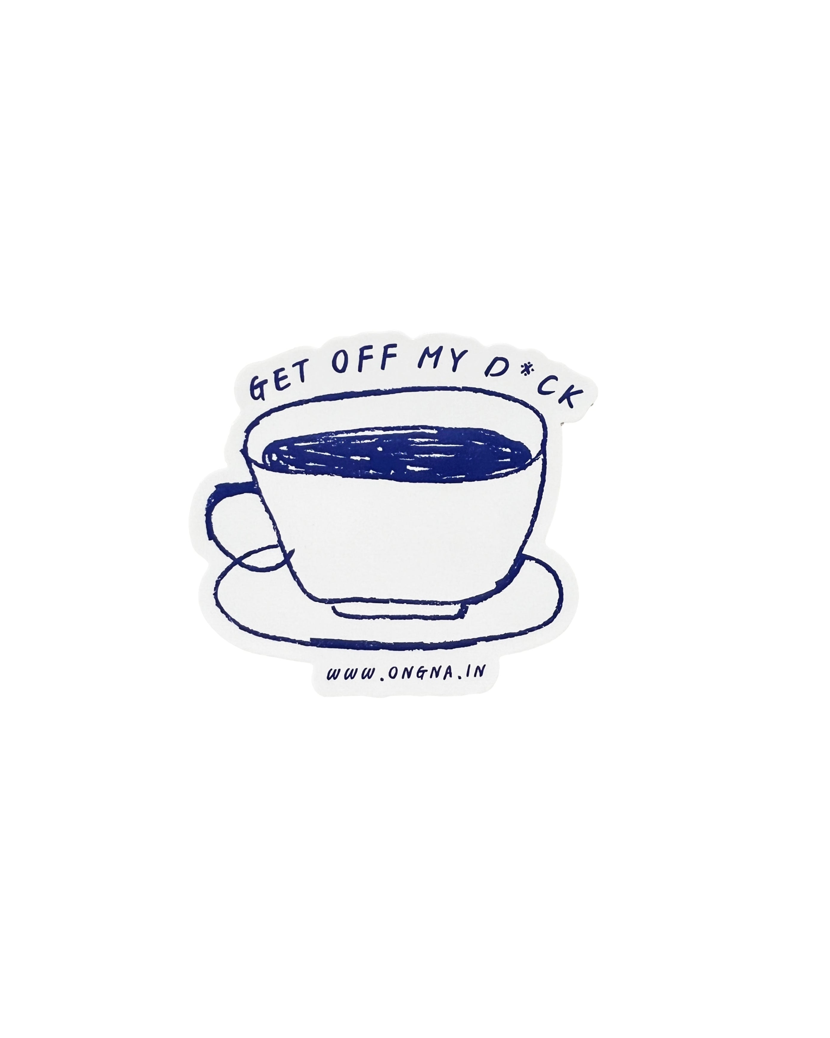 Sticker with a coffee cup design and text on a white background
