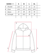 Measurement chart for a hoodie with size chart and diagram