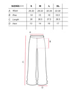 Pants size chart with measurements in inches