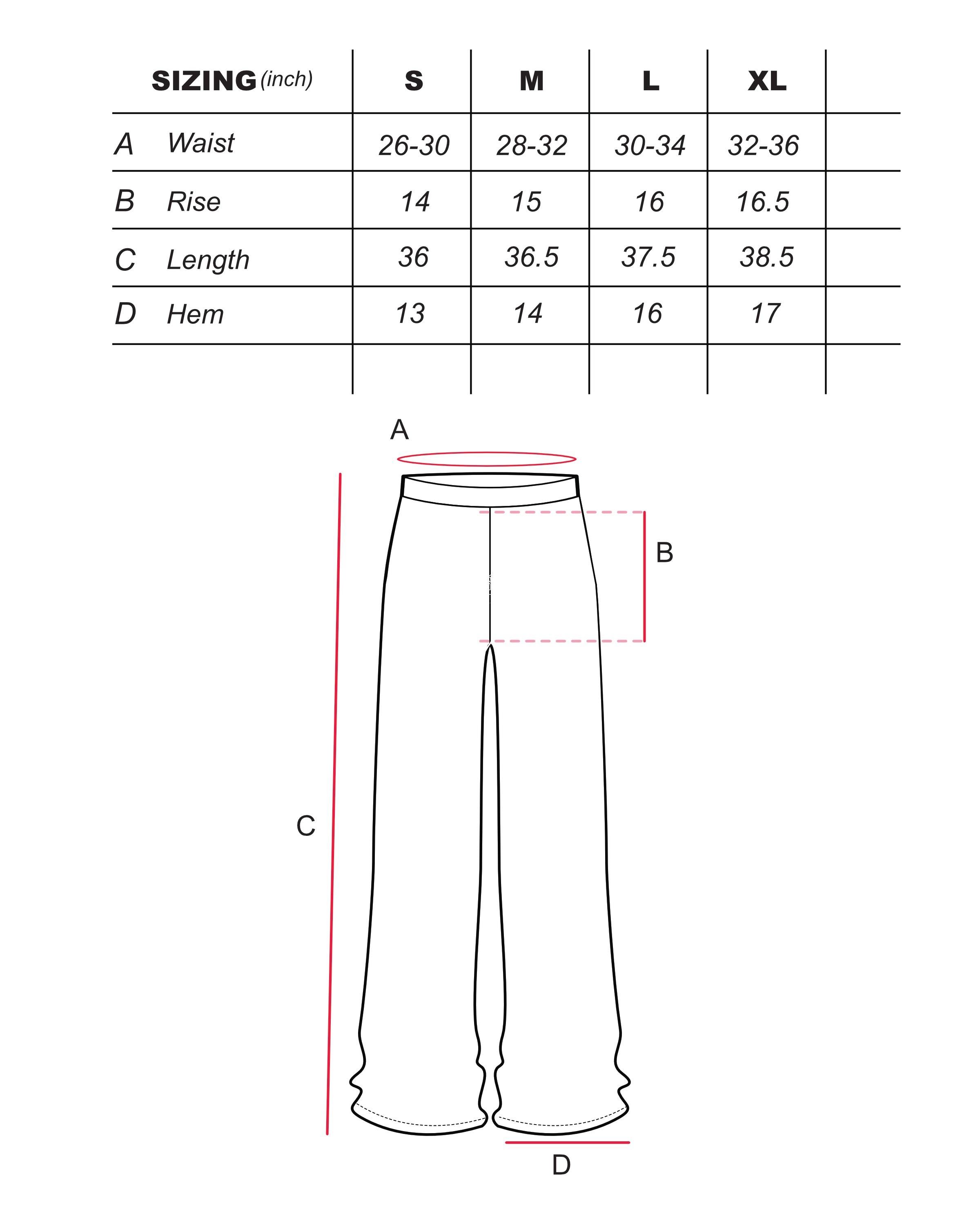 Pants size chart with measurements in inches