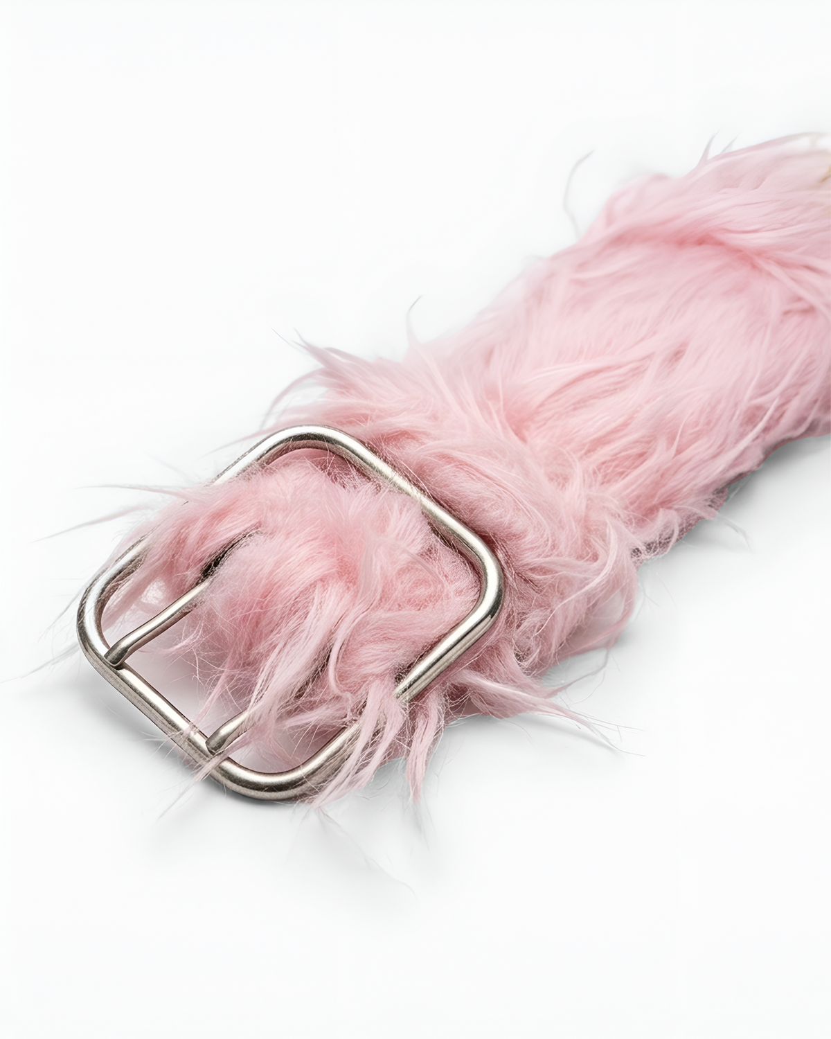 A close-up of a fluffy light pink faux fur belt with a silver metal buckle, set against a plain white background.